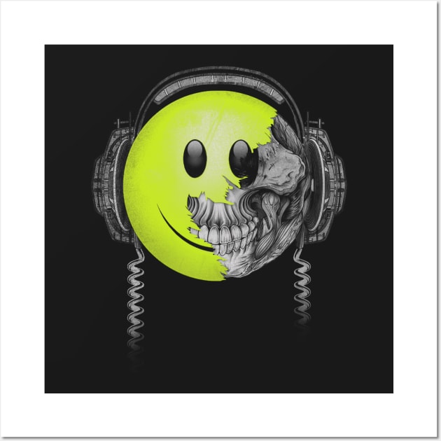 90's Rave Music Smiley Face Skeleton T Shirt Wall Art by Moody City